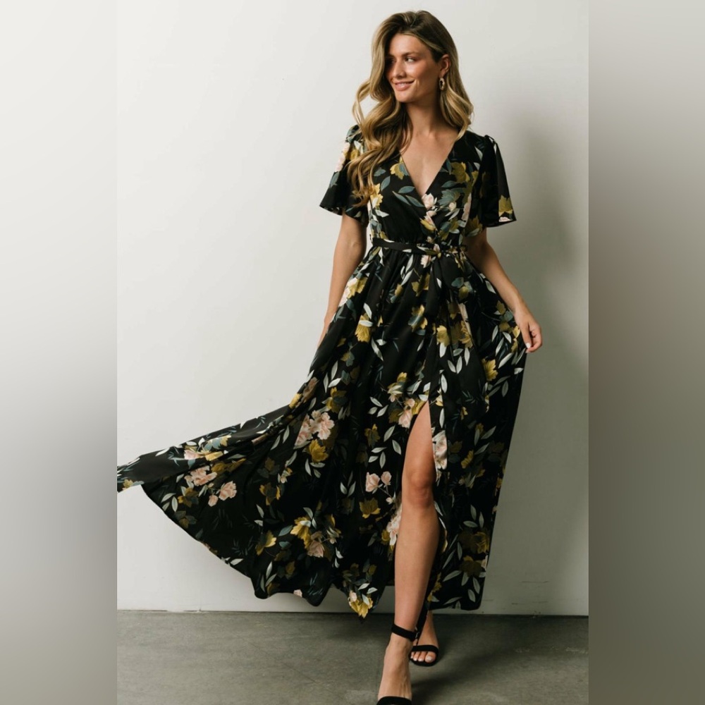 Dark floral surplice maxi dress with tie waist